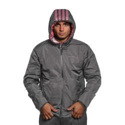 giubbino reversibile john richmond UOMO BORDEAUX E NERO FIG/BLACK - UMA25044GB vista frontale nero cappuccio