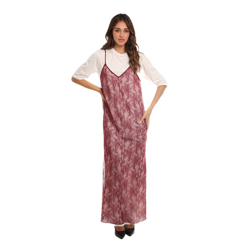 abito lungo kostumn°1 DONNA BORDEAUX E OFF-WHITE - KI25140 vista frontale