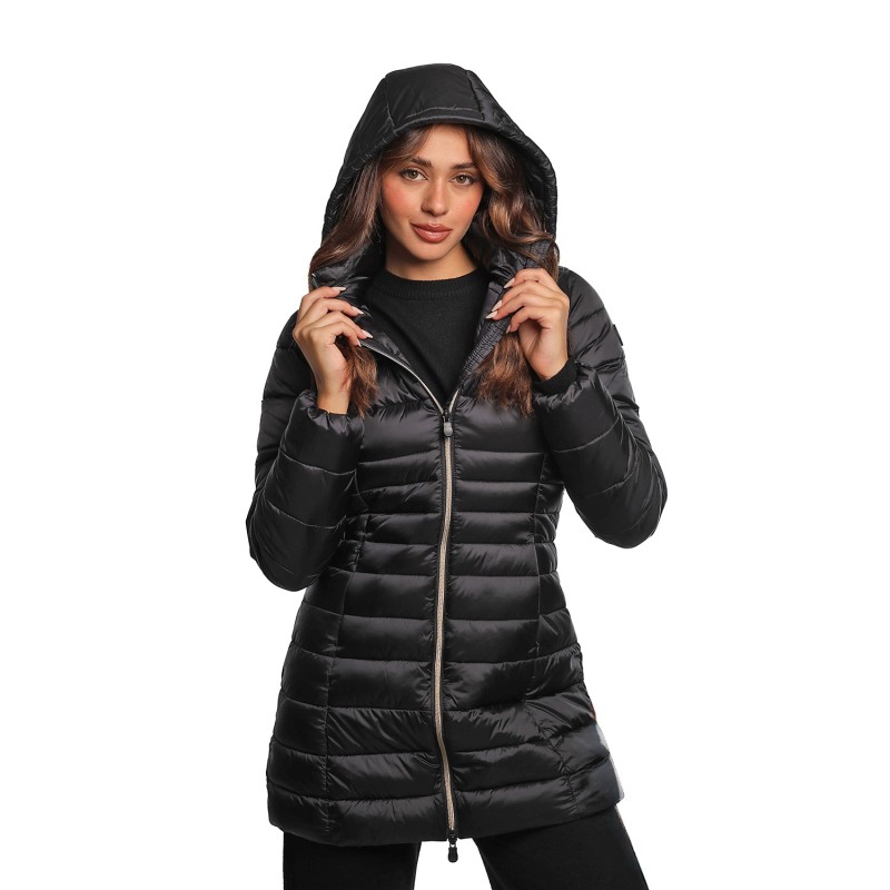 giubbino lungo save the duck DONNA NERO 10000 - D47300W - IRIS21 REESE vista frontale